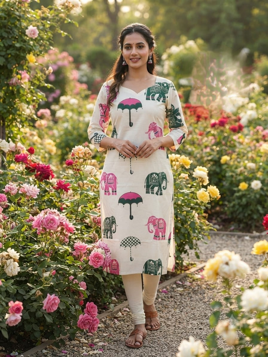 Cotton Kurti pink and dark green