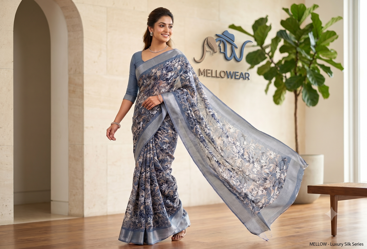 Elegant Slate Blue Botanical Satin Saree with Linen Border