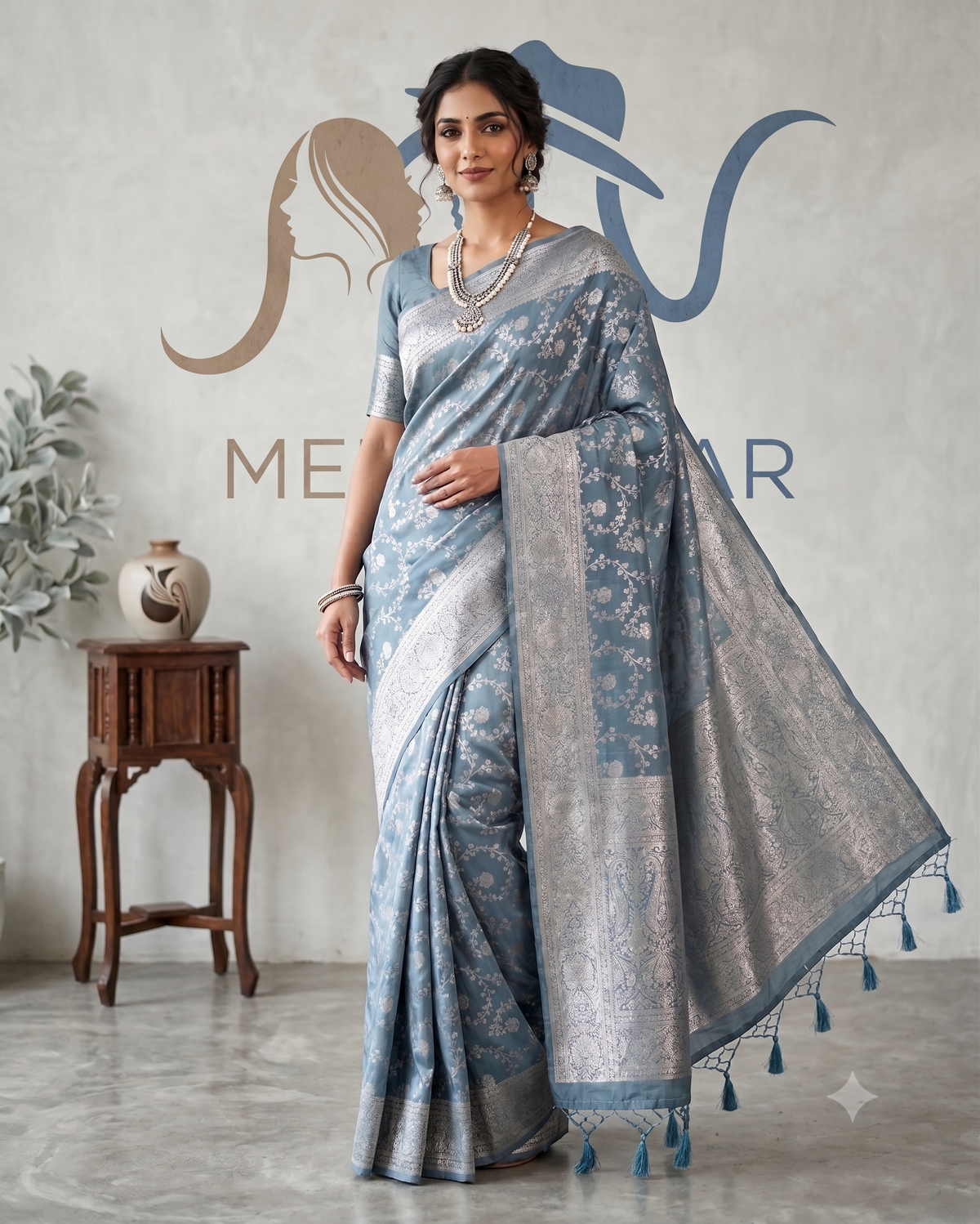 Mesmerizing Slate Blue Silk Saree with Silver Zari Jaal Work