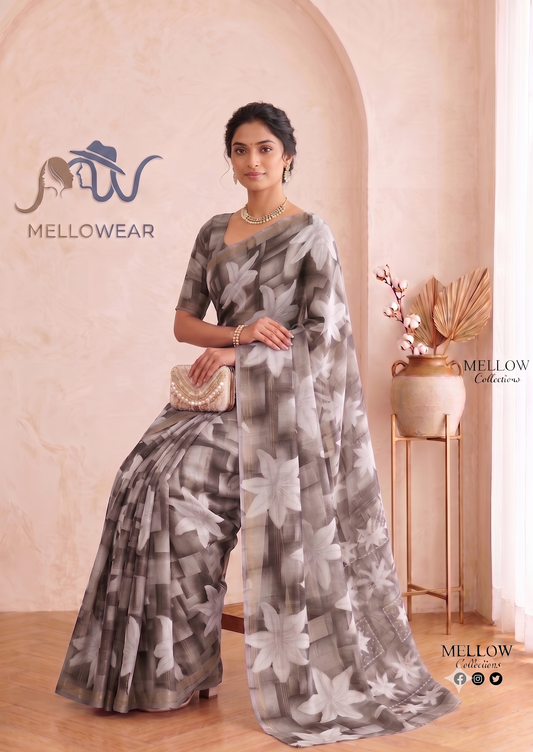Raniyal Shimmer Fancy Saree – Sophisticated Slate Grey Floral Elegance