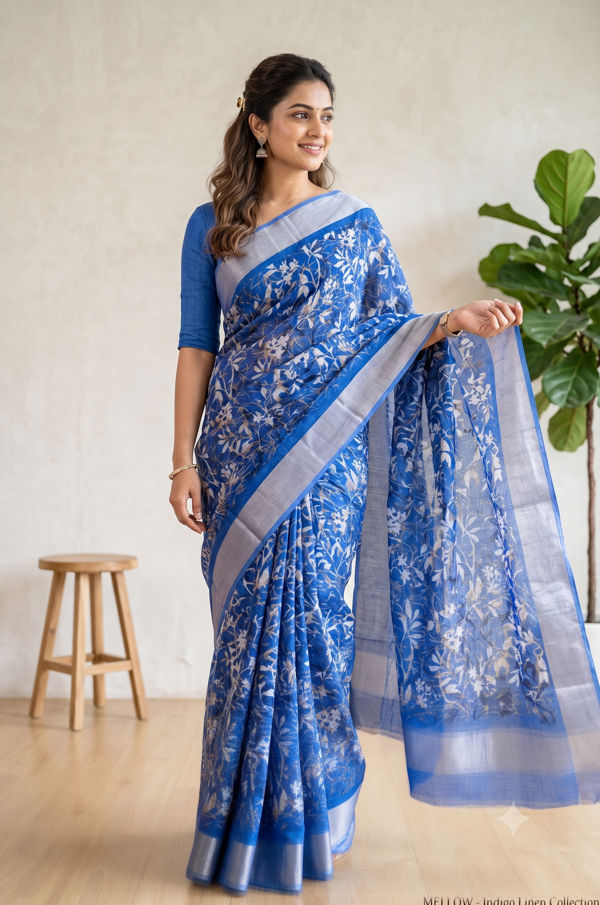 Striking Indigo Blue Botanical Satin Saree with Linen Border