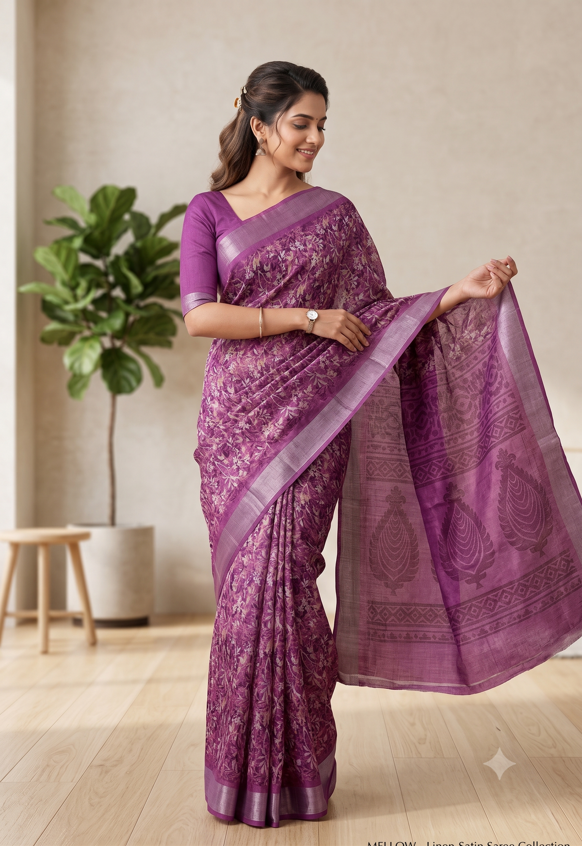 Vibrant Plum Botanical Satin Saree with Classic Linen Border