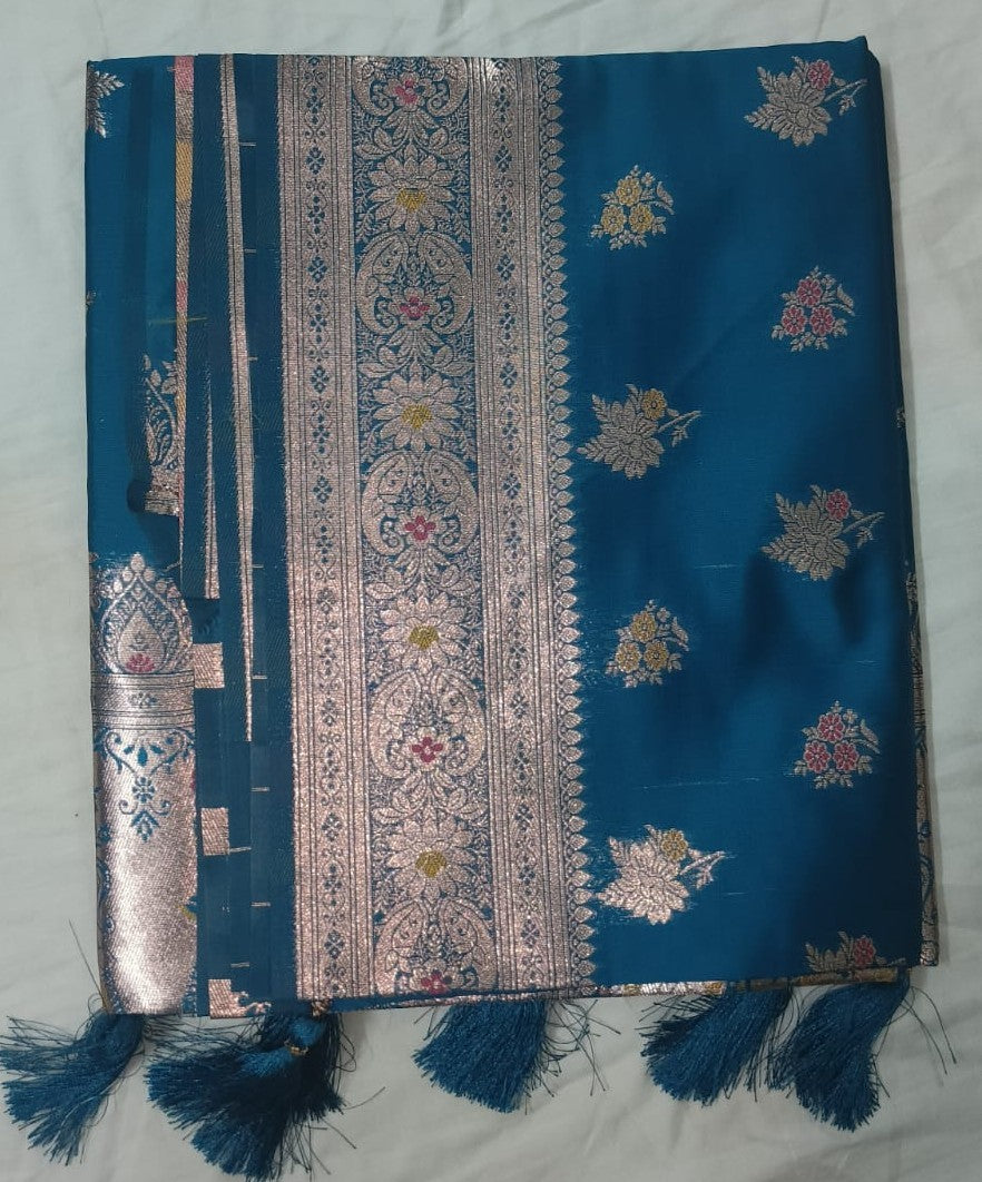 Banarasi silk saree -king fish blue with golden border
