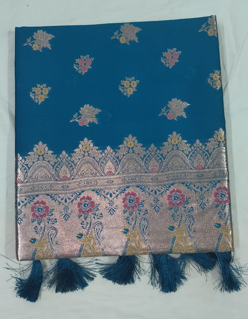 Banarasi silk saree -king fish blue with golden border