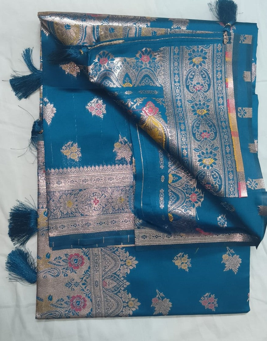 Banarasi silk saree -king fish blue with golden border