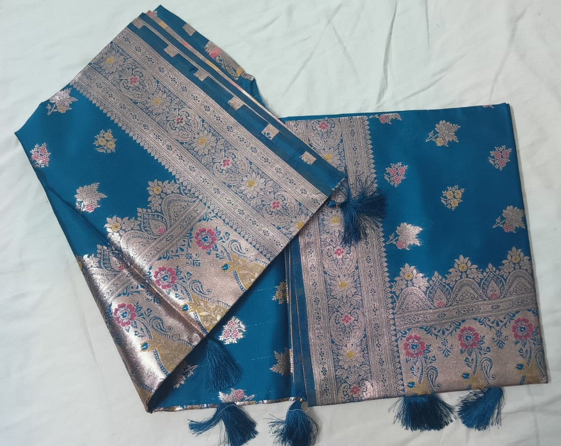 Banarasi silk saree -king fish blue with golden border