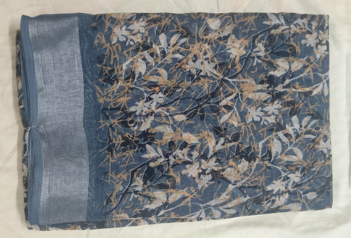 Elegant Slate Blue Botanical Satin Saree with Linen Border
