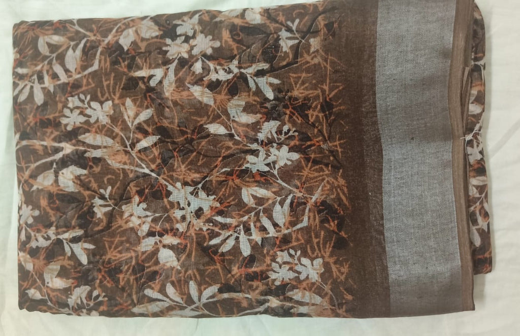 LINEN SILK- DARK BROWN - Linen Boarder Satin Fancy Sarees