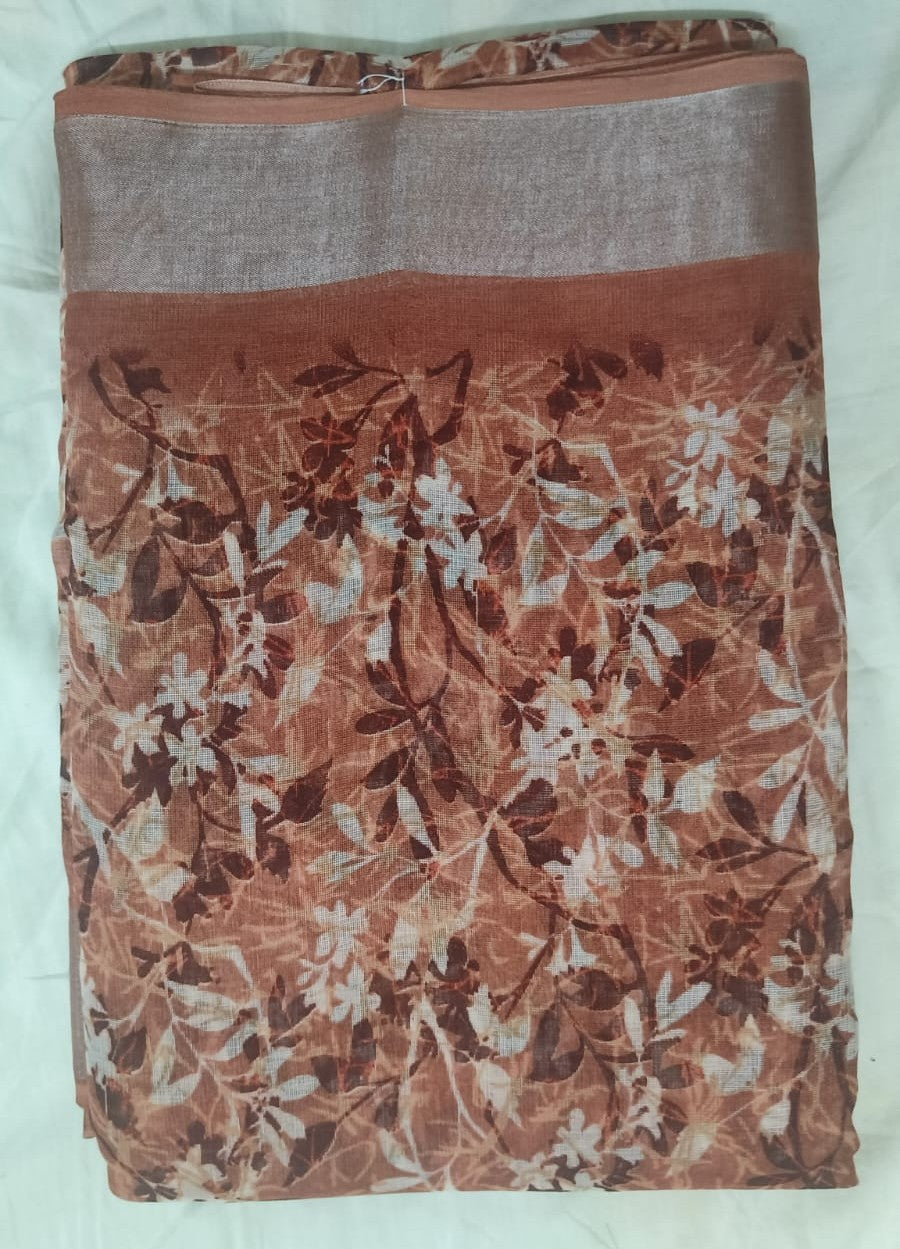 LINEN SILK- BROWN - Linen Boarder Satin Fancy Sarees