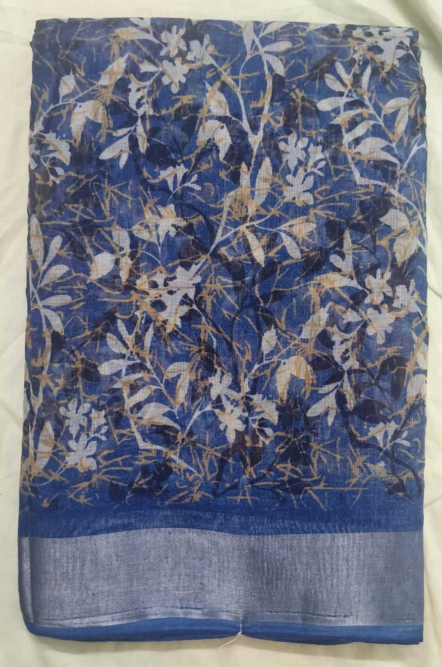 Striking Indigo Blue Botanical Satin Saree with Linen Border