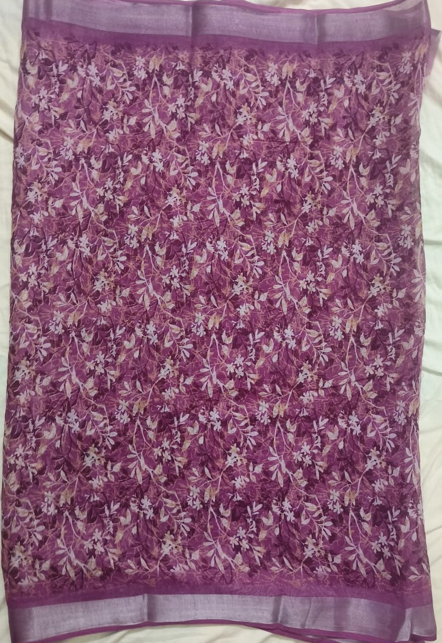 Vibrant Plum Botanical Satin Saree with Classic Linen Border