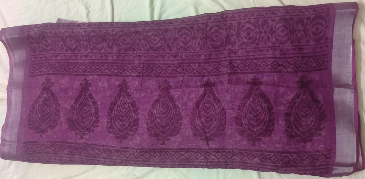 Vibrant Plum Botanical Satin Saree with Classic Linen Border