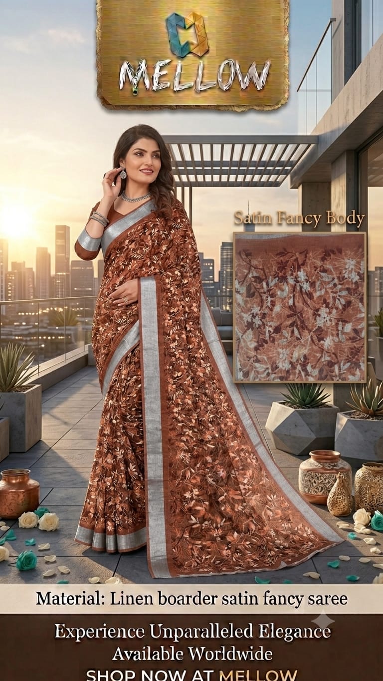 LINEN SILK- BROWN - Linen Boarder Satin Fancy Sarees