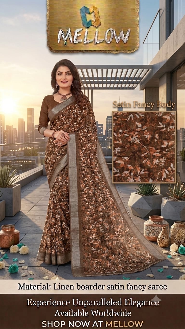 LINEN SILK- DARK BROWN - Linen Boarder Satin Fancy Sarees