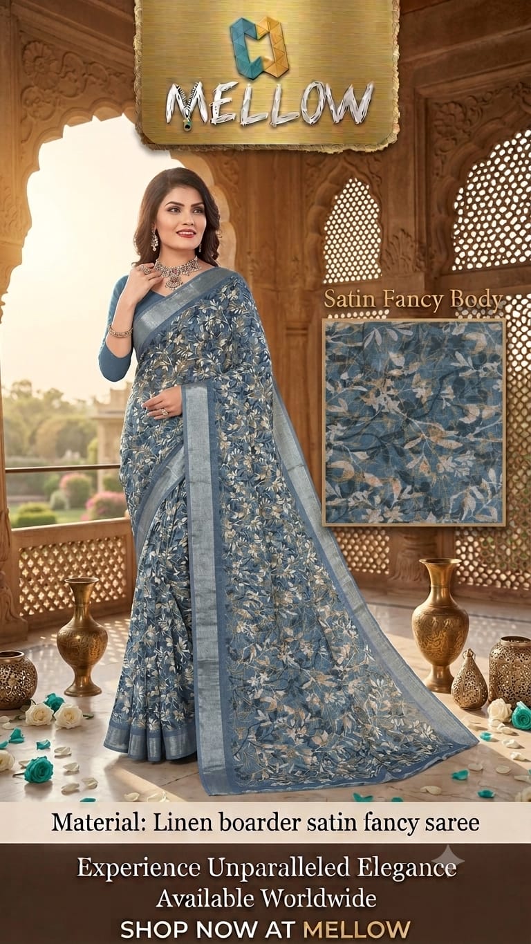 LINEN SILK- Grayish-Blue - Linen Boarder Satin Fancy Sarees