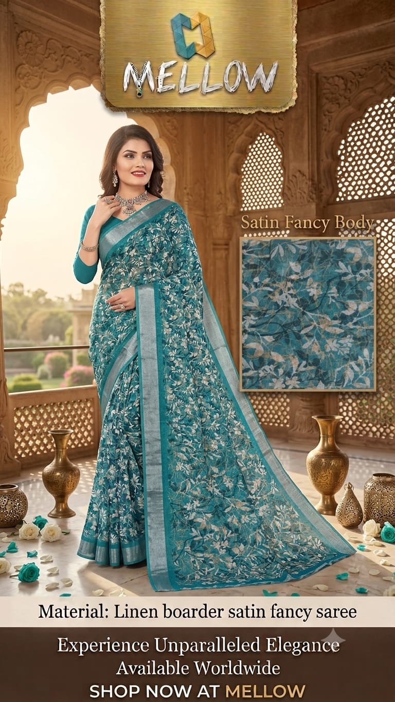 LINEN SILK- LIGHT BLUE- Linen Boarder Satin Fancy Sarees