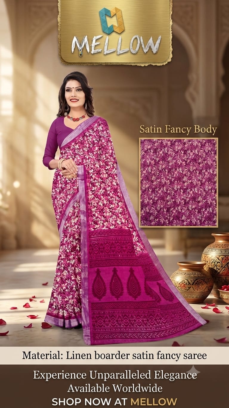 LINEN SILK- Deep Purple - Linen Boarder Satin Fancy Sarees