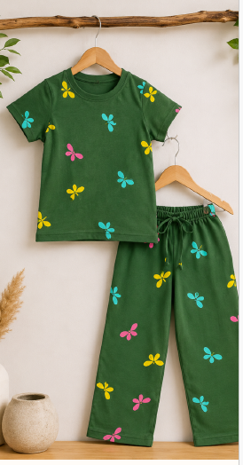 Fine Print Cool Cotton Set - 2-Piece Kids Co-ord Set | Soft Cotton T-Shirt & Pant | Daily Wear Night Suit (5Yr - 6Yr)